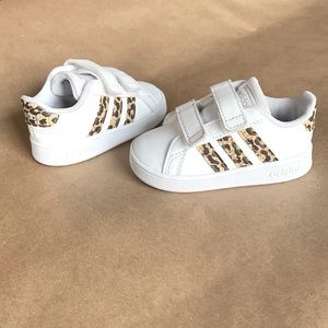 Toddler Girl adidas with cheetah print stripes in very good condition.